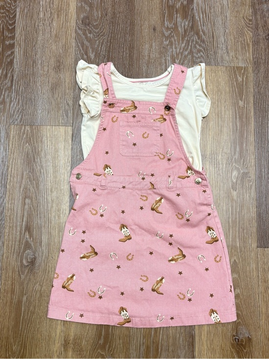 Happily Gray Other - Girls Pink Cowboy Print Overall Dress with Ivory Tee